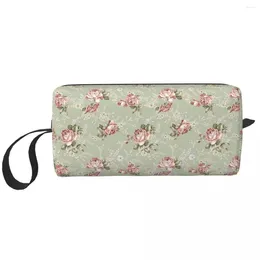 Cosmetic Bags Vintage Blush Roses - Green Background Makeup Bag Dopp Kit Toiletry For Women Beauty Pencil Case