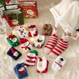 Women Socks Snowman Red Green Cartoon Elk Santa Claus Floor Sleep Hosiery Middle Tube Coral Velvet Christmas