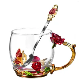Mugs 330ml Transparent Heat Resistant Anniversary Birthday Coffee Mug Spoon Glass Decorative Butterfly Red Roses Handmade Tea Cup