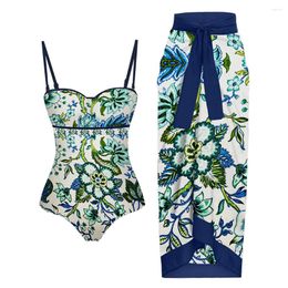 Women's Swimwear Women Swimsuits 2024 Blue Suspenders Print Elegant Style One Piece Sexy Bathing Suits Summer Beachwear Bikinis Backless