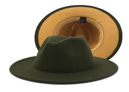 2021 Fashion Olive Green with Tan Bottom Patchwork Two Tone Color Wool Felt Jazz Fedora Hats Women Men Party Festival Formal Hat282667809