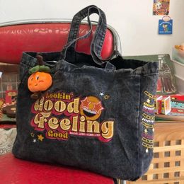 Evening Bags 2024 Retro Denim Jeans Embroidery Casual Tote Cool Girl Shoulder Soft Student Large Capacity Shopping Handbags Vintage