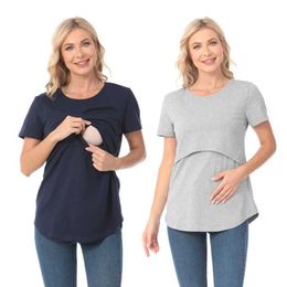 Maternity Tops Tees New Fashion Maternity Casual Wear Maternity Short Sleeve Solid Color Breastfeeding Top T-Shirt Pregnancy Womens Clothing Mom Tee H240518