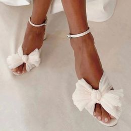 Stylish Comfortable Ivory Bow Wedding Shoes For Bride Chunky High Heel Women Sandals Summer Open Toe Flock Cloth Block Ladies Party Eve 250w