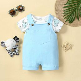 Clothing Sets Baby Boy Casual Cartoon Elephant Print jumpsuit and Solid bib 2PCS Set 2023 Summer Baby Newborn Clothing J240518