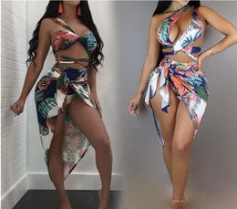 19 Whole Explosion Leaf Print High Waist Bandage Sexy Nightclub Skirt Bikini Set Scarf Split Swimsuit Threepiece Female Beach3598957