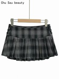 Chu Sau beauty Women Fashion Preppy Style Plaid Printed Pleated Mini Skirt Sweet Low Waist Sexy Super Short Skirts 240516