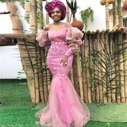 Party Dresses Aso Ebi Style Vestidos Off Shoulder Mermaid Evening Puffy Long Sleeves 3D Flowers African Women Prom Dress Custom Robe