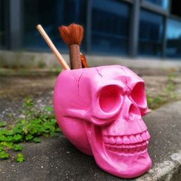 Decorative Figurines Skull cylinder makeup brush collection and Organisation resin statue culture personality pen holder home office desk H240518