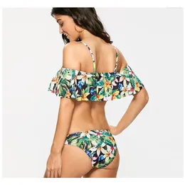 Women's Swimwear Sexy Bikini Set 2024 Est Women Swimsuit Green Floral Ruffle One Shoulder Push Up Bathing Suit Colourful Flower