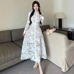 Casual Dresses Fashion Women's Dress Lapel Long Sleeve High Waist Embroidery Hollow Out Elegant A-Line Autumn Formal Party Q630