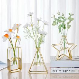 Vases 2024 Hydroponic Container 2Pcs/Set Nordic Style Geometric Exquisite Flower Vase Star Shape Metal Frame Glass Home Decoration