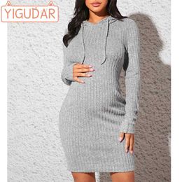 Maternity Dresses Pregnant Women Autumn Winter Knitted Dress Pregnant Women Loose 2023 New Casual Hoodie Short Skirt Solid Pregnant Womens Sweater H240518