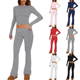 Women's Two Piece Pants Set Solid Colour Tights Long Sleeve Crop Top And Leggings 2024 Spring Casual 2 Outfits Tracksuit