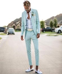 Vintage Mint Green Mens Suits Slim Fit Beach Groomsmen Wedding Tuxedos For Men Peaked Lapel Formal Prom Suit JacketPants74232719973156