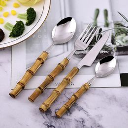24 piece bamboo tableware set stainless steel natural handle vintage tableware cutlery table fork spoon dessert gift 240506
