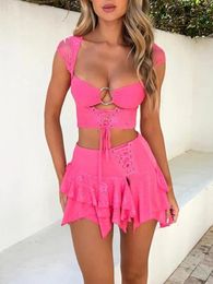 Women's Tanks Women Y2k Sexy 2 Piece Skirt Set Short Sleeve Hollow Bandage Crop Top Pleated Mini Lace Summer Pieces Outfits