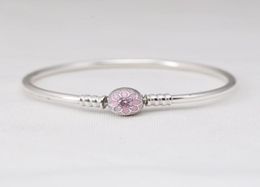 925 Sterling Silver Magnolia B Charm Clasp Bangle Bracelets Pale Cerise Enamel Pink CZ fit Lady Beads Pendants2592528