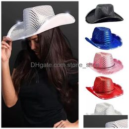 Party Hats Cowgirl Led Hat Flashing Light Up Sequin Cowboy Luminous Caps Halloween Costume Wholesale Fy7970 Drop Delivery Home Garde Dhqwr