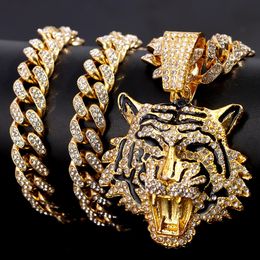 HipHop Tiger Pendant Necklace for Men Women Iced Out Cuban Link Chains Luxury Crystal Cuban CZ Stainless steel Necklaces Jewelry 240508