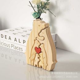 Decorative Objects Figurines Warm Family Wooden Puzzle Crafts Decoration Solid Wood Hugging Bear Set Home Mother Child H240517