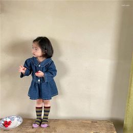 Clothing Sets 2024 Spring Clothes Korean Girls Denim Doll Collar Coat Tops And Skirt Two Piece Set Toddler Girl Lovely Sweet