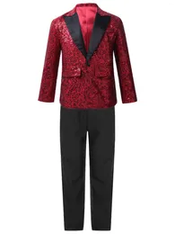 Clothing Sets Kids Boys Suit Sequins Lapel Jacket Coat Blazer Tuxedo With Adjustable Waist Pants For Wedding Banquet Party Performance