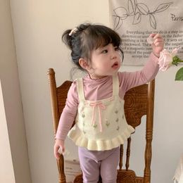 Clothing Sets Spring Autumn 2024 Korean Baby Girls 3PCS Clothes Set Cotton Solid Tops Leggings Knitted Floral Vest Suit Toddler Outfits