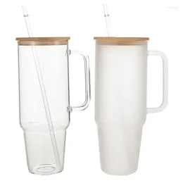 Wine Glasses 40OZ Glass Cup Wooden Lid Bubble Tea Cold Drinking Coffee Juice Milk Transparent Straw Car Mug Drinkware Water Bottle
