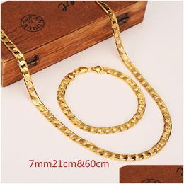 Bracelet Necklace Classic Cuban Link Chain Set Fine 18K Real Solid Gold Filled Fashion Men Womens Jewellery Accessories Perfect Gift Dro Otas0