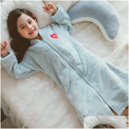 Towels Robes Girl Autumn Winter Long Warm Flannel Bathrobe For Girls Cozy Bath Robe Zipper Night Dressing Gown Kids Sleepwear Size 6 8 Otd4F