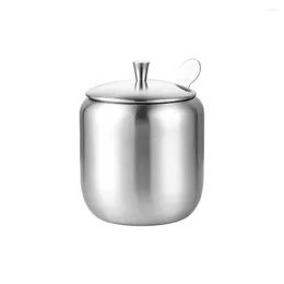 Dinnerware Salt Household KitchenContainer Stainless Steel Seasoning Jar Silver With Lid Spoon Sugar Bowl Condiment Pot Durable