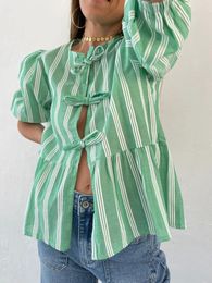 Women's Blouses Women Puff Sleeve Blouse Peplum Tie Front Shirts Ruffle Hem Basic Tops Aesthetic Lace Up Babydoll Top