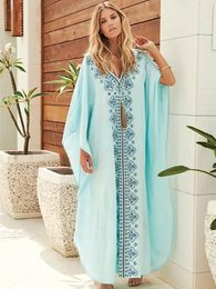 Fitshinling Bohemian Embroidery Summer Maxi Dress Pareo Holiday Beach Cover Up Swimwear Flowers Loose Oversize Robe Covers 2024