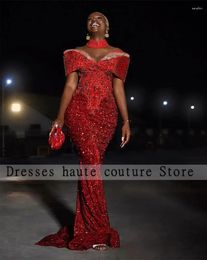 Party Dresses Aso Ebi Red Sequins Mermaid Evening 2024 Elegant Long For Women Off Shoulder Beaded Crystal Formal Dress