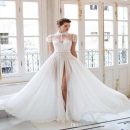 2019 New Classic Riki Dalal Wedding Dresses High Split with High Neck and Short Sleeves Appliques Chiffon With Soft Lining Bridal Gowns 3117