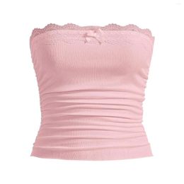 Women's Tanks Women Summer Tube Tops Fairy Sweet Off-Shoulder Bow Lace Patchwork Strapless Bandeaus Fashion Backless Cropped Tank