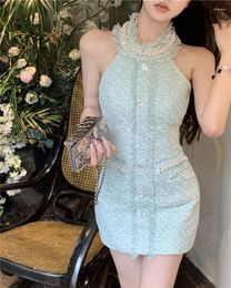 Casual Dresses Korean Sweet Sleeveless Small Fragrance Tweed Dress Women 2024 Fashion Luxury Beading Summer Sexy Party Halter