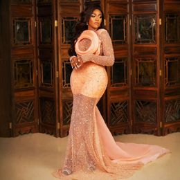 Plus Size Orangered Prom Dresses for Special Occasions Promdress for Black Women Illusion Long Sleeves Beaded Rhinestones Lace Birthday Engagement Gowns AM938