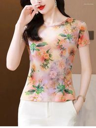 Women's T Shirts Summer Printing Mesh Girls O Neck Short Sleeve Slim Tee Top Women Fashion Floral Tshirt