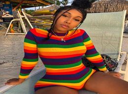 Spring Summer Rainbow Stripes Women Jumpsuits 2019 Crew Neck Long Sleeves Fashion Beach Holidays Party Sexy Jumpsuits Shorts4478699
