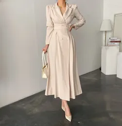 Casual Dresses 2024 South Korean Chic French Lapel Waist Slimmer Over The Knee Long Suit Dress