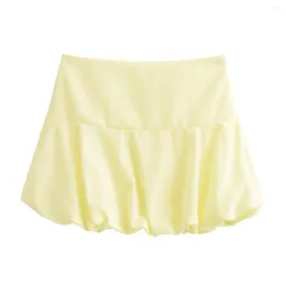 Skirts TRAFZA 2024 Woman's High Street Mini Yellow Waist Pleated Decorate Zipper Summer Fashion Short Woman Trendy