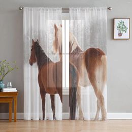 Curtain Horse Snow Scene Animal Sheer Curtains For Living Room Decoration Window Kitchen Tulle Voile Organza