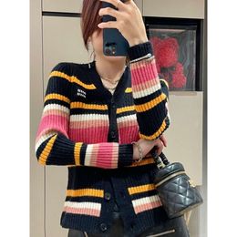 Women's Knits & Tees Mm Family Autumn/winter New Letter Embroidery Colourful Stripe Sweater Cardigan Contrast Colour Style Slim Elegant Knitwear for Women