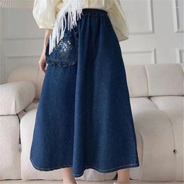 Skirts Vintage Embroidery Denim Long Women Summer High Waist Pocket A-Line Jeans Korean Fashion Casual Female Faldas Jupe