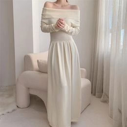Casual Dresses Deeptown French Elegant Beige Midi Knit One-piece Dress Women Korean Style Vintage Folds Slash Neck Long Sleeve Corset