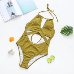 Women's Swimwear Olive Green One Piece Swimsuit For Women 2024 High Waist Hollow Out Bikini Summer Beach Vacation Halter Backless