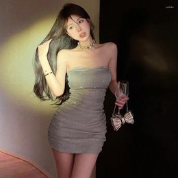 Casual Dresses Sexy One-line Shoulder Thin Shimmer Wipe Breast Dress Slim Slimming Display Pleated Buttock Bag Banquet Short Skirt