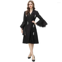 Casual Dresses Fall Winter Warm Clothes Office Outfits Black/White Notched Collar Flare Sleeve Knee Length Rhinestone Tassel Tweed Dress